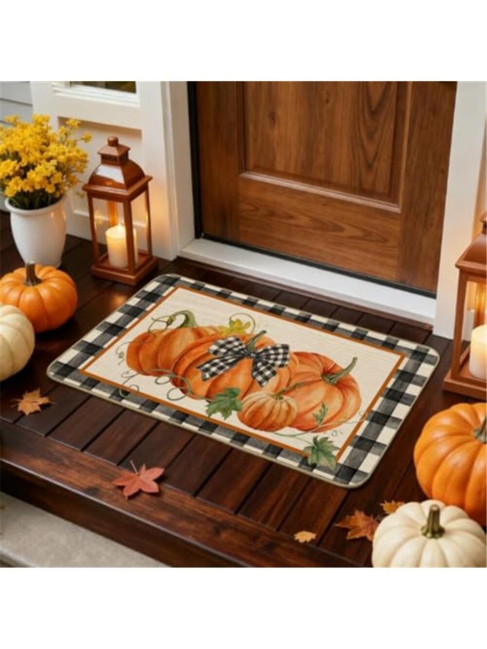 Fall Pumpkin Door Mat Fall Buffalo Plaid Welcome Decorative Doormat